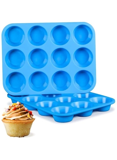 Khazna Silicone Muffin Pan Non Stick Silicone Muffin Tins Baking Molds, 12 Cups Silicone Mold Cupcake Baking Pan(2 Pcs/Blue)