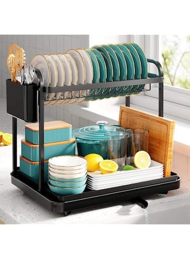 AMROAH Stainless Steel 2-Tier Dish Drying Rack with Cutlery Holder &amp; Drainage Drainboard, Large Capacity Storage Dish Rack Kitchen Counter Organizer for Utensil Plate Spoon Fork Knife Pot