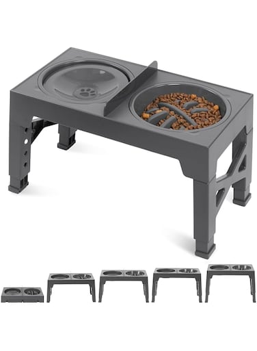CENXI 5 Adjustable Heights Raised Cat Bowl Stand, Elevated Cat Bowls with 2 Stainless Steel Dog Food Bowls and 1 Slow Feeder Dog Bowl, Adjusts to Height 8 to 30 Inch for Small Medium Large Dogs