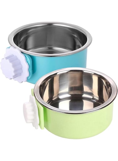 Joyzzz Crate Dog Bowl, 2PCS Stainless Steel Hanging Pet Kennel Cage Bowl, Dog Water Bowl with Removable, Food &amp; Water Feeder Coop Cup for Puppy, Cat, Rabbit, Blue and Green