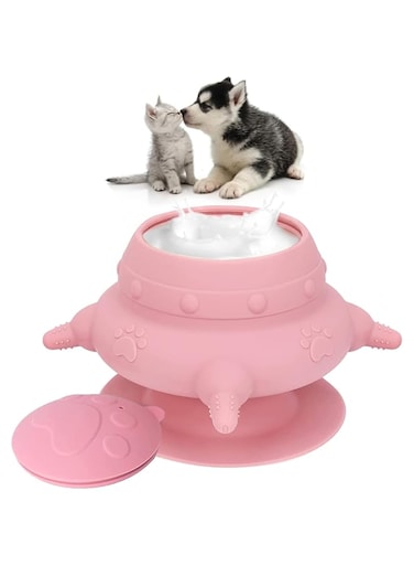 Joyzzz Puppy Feeder, 240ml Silicone Puppy Milk Feeder Bowl with 4 Teats, Puppy Feeder Nursing Station with Leak-Proof Lid and Base Suction Cup, Pet Feeder for Kittens, Puppies, Rabbits (Pink)
