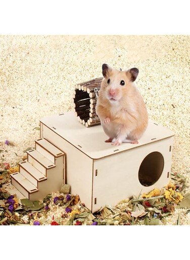 FDTY 1Pcs Hamster Hideout with Hamster Ladder Platform Climbing Toy, Natural Wooden Hamster House Maze Small Animal Hideout Exploring Toys for Dwarf Hamsters Gerbils Mice