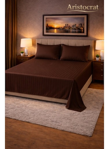 3&acirc;&euro;&lsquo;Piece Striped Microfiber Flat Bed Sheet Set, suitable for Queen and King sizes, 220x240cm &acirc;&euro;&ldquo; Soft Breathable Flat Sheet with 2 Pillowcases 50x70cm, Chocolate Brown Microfiber Chocolate Brown 220x240cm