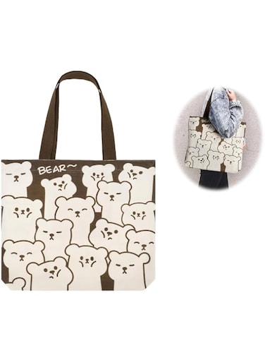 Azonee Canvas Tote Bag with Zip, Reusable Shopping Bag, Washable Foldable Shopper, Cute Bear Design for Women and Girls