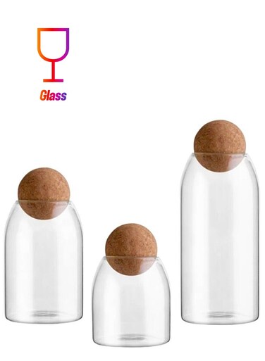 TIME 3 Piece Set Storage Container, Sealed Jar, Canister, Cork Glass Bottle, Food Storage Tank, Transparent Jar, Spherical Cork