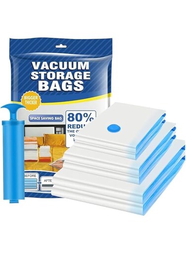 Vacuum Storage Bags - Pack of 7 (1 Jumbo/2 Large/2 Medium/2S) Re-usable Travel Compression Storage Bags For Clothes- Comforters &amp; Blankets - Space Saver Sealer Bags with 1 Hand Pump (7)
