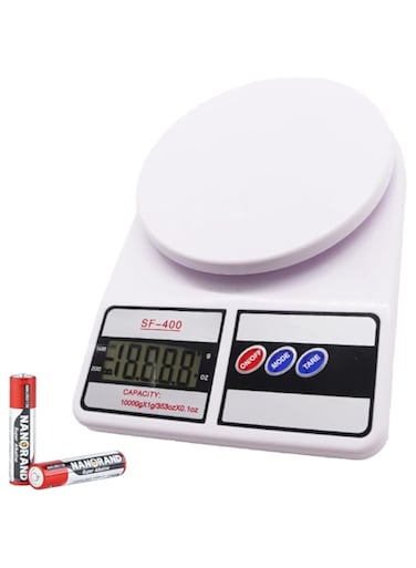 Electronic Digital Weighing Kitchen Scale - 10kg/22lb Multipurpose Digital Food Scale   High Precision for Perfect Meal Prep, Dieting, Cooking, and Baking, Tare Function, SF-400,White, Batteries In