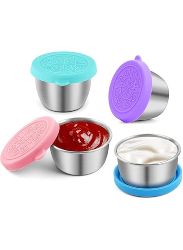 4pcs Salad Dressing Container To Go,1.7oz/50ml Small Condiment Containers with Lids,Reusable Stainless Steel Sauce Containers for Lunch Bento Box,Leakproof Dipping Sauce Cups for Picnic and Travel