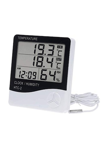 Digital Display Hygrometer And Thermometer With Clock Black/White 100 x 108 x 20mm
