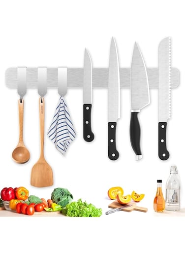 Magnetic Knife Holder for Wall with 3 Hooks,40 CM Magnetic Knife Strip, Stainless Steel Drilling Powerful Kitchen Knife Magnet, Adhesive Magnetic Knife Bar for Kitchen Tools Utensils