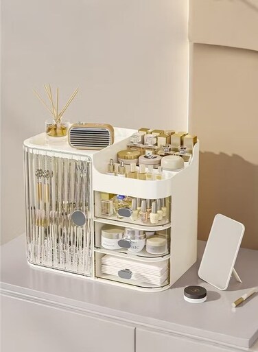 Makeup Organizer Large Capacity Cosmetic Storage Box Brush Holder Dustproof Drawer with Mirror for Vanity Countertop Skincare Display Case Clear Easy Visibility