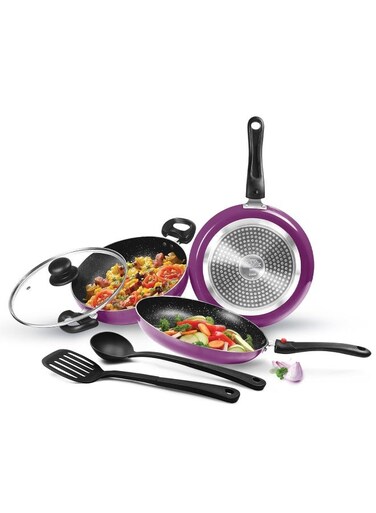 Pro-Cook Cookware Set of 5 &acirc;&euro;&ldquo; Fry Pan (24 cm), Kadhai with Glass Lid (24 cm), Tawa (25 cm), Nylon Ladle &amp; Spatula, Aluminum Non-Stick, Induction &amp; Gas Compatible, Kitchen Jewel &acirc;&euro;&ldquo; Dark Purple