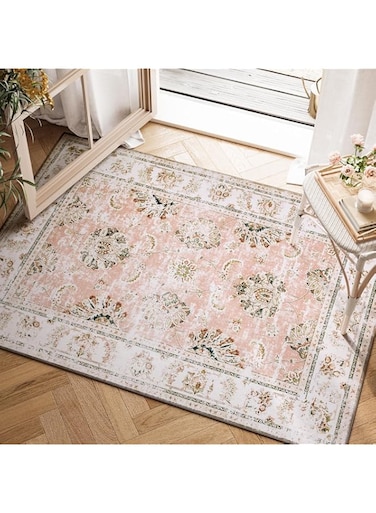 JINCHAN Carpet Door Mat Non-Slip Perison Kitchen Rug Floral Print Indoor Floor Mat Thin Accent Rug for Living Room Bathroom Bedroom(Pink,91x61CM)