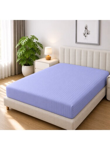 Linen Klub 1-Piece Microfiber Fitted Sheet Striped ,Color: Lavender, Super King (200 x 200 cm),Design Soft Fabric Deep Pocket Elastic Edge Bed Linen