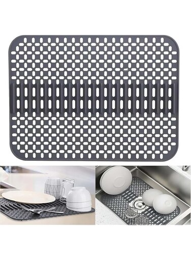 TERRIFI Silicone Dish Drying Mat, Multifunctional Draining Board Mats with Drain Holes, High Purity Silicone Drying Mat, Flexible Rubber Dish Draining Mat for Kitchen Counter(43x32cm,Grey)