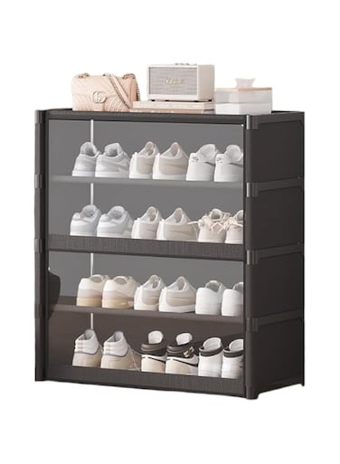 Beauenty Non-woven Shoe Rack with See-through Magnetic Curtain, Dustproof Shoe Cabinet 3/5/7/9 Tiers 60cm Wide Shoe Shelf, Portable Shoe Storage Organzier (Black-5tiers)