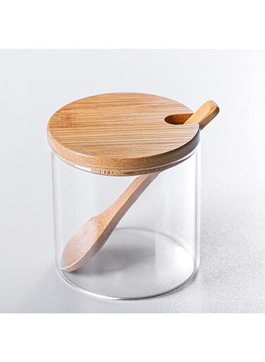 FANTESTICRYAN Clear Glass Condiment Canister with Bamboo Lid &amp; Spoon, Kitchen Storage Container (1)