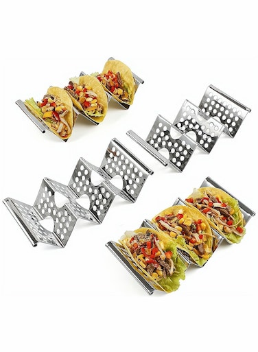 Steel Taco Holders, Set of 4, Food Grade Taco Plate for Parties, Stackable Trays for Soft &amp; Hard Shell Tacos, Spring Rolls &amp; More, Style A