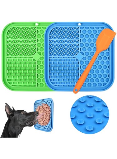 Lick Mat for Dogs &amp; Cats, Dog Lick Mat with Suction Cups (Green Dog Licking Mat + Blue Dog Lick Pad + Orange Spatula) Silicone Slow Feeder Mat for Dog Treats, Peanut Butter, Yogurt &amp; Cat Food