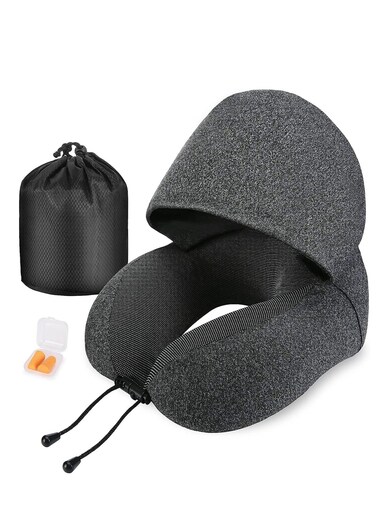 Travel Pillow 100% Pure Memory Foam Neck with Hood, Comfortable &amp; Breathable Cover, Airplane Kit Earplugs, and Luxury Bag for Office Cars Trains Long Flights Sleeping (Deep Grey)