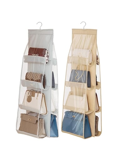 Lomeshow 2 Pcs 8 Pockets Hanging Purse Handbag Organizer for Closet, Clear Hanging Shelf Bag, Wardrobe Closet Space Saving Organizers for Family Closet Bedroom, Foldable and Universal Fit, Grey+Beige