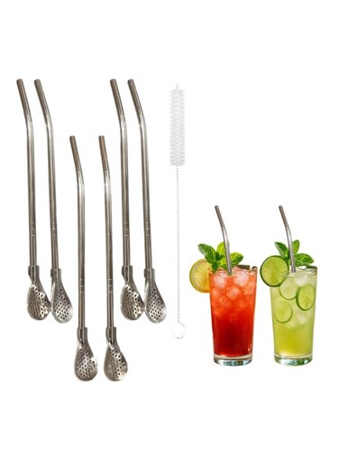 Premium Stainless Steel Spoon Straws Set, 304 Grade Steel, 21.5 cm Length, Rust-Resistant Filter Design, Silver, 7-Piece Set (6 Straws + Cleaning Brush), Dishwasher Safe (Silver-S-filter) &acirc;&euro;&ldquo; SOBHYS