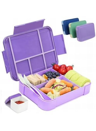 FALAHOM Lunch Box for Kid School - 1330ml Leakproof 6 Compartments with Food Utensils for Back to School, Book-Style Lunch Snack Containers for Toddler Daycare (Purple)