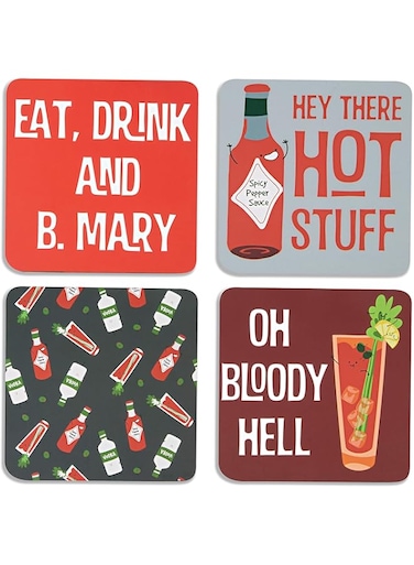 Pavilion Gift Company Bloody Mary Sentiment, Pattern and Character Holder 4" (4 Piece) Coaster Set with Box, 4 Inch Square, Multicolor