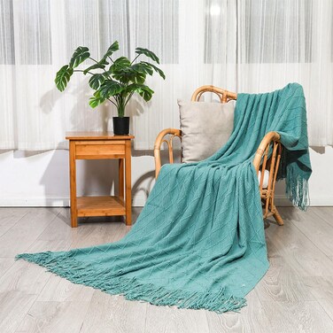 Knitted Throw Blankets, for Couch Cover Sofa Chair Blanket, Soft Cozy Knit Woven Blanket, Lightweight Decorative Farmhouse Warm Blanket with Tassel for Chair Bed Sofa Travel (130x230cm, Green)