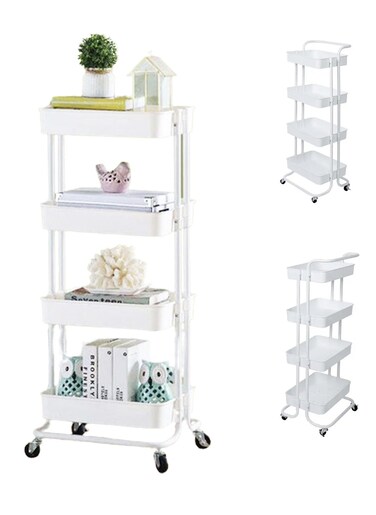 4-Tier Rolling Utility Storage Stand Movable Rolling Cart Large Capacity Storage Holder Craft Cart Multipurpose Organizer Shelf With Handles And Lockable Wheels for Kitchen,Bathroom,Living Room(White)