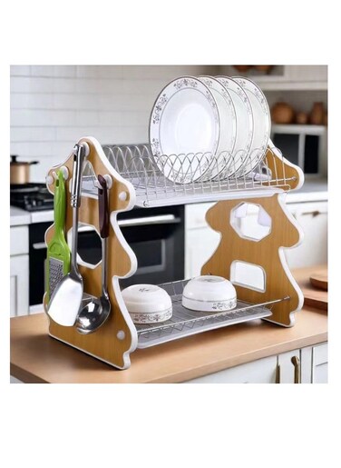 2-Tier Dish Drying Rack Metal Dish Drying Stand with Drainboard Large Dish Strainer with Utensil Holder Hooks for Kitchen Countertop Space Saving Bowls Plates Storage Shelf Organizer Over The Sink