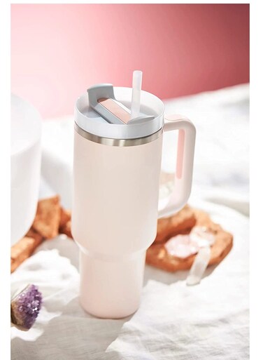 Stainless Steel Insulated Travel Mug with Handle and Straw Perfect for Hot and Cold Drinks Rose Quartz