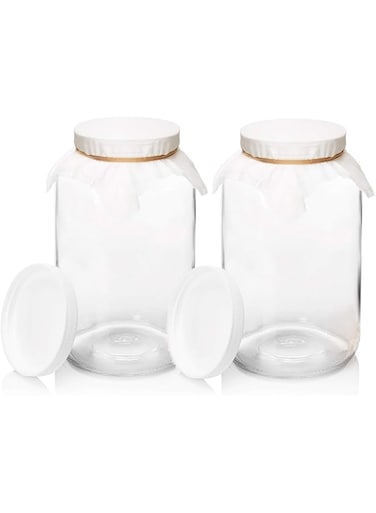 kitchentoolz 2 Pack - 1 Gallon Glass Wide Mouth Kombucha Brewing Mason Jar - Home Brewing and Fermenting Kit with Cotton Cloth Filter, Rubber Band and Plastic Lid -
