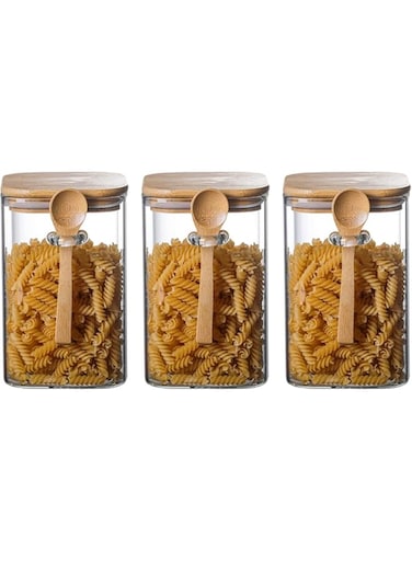 AKDC Square Glass Storage Jar with Wood Lids and Spoon 800ml Airtight Sealed Clear Borosilicate Canister Kitchen Food Storage Containers for Coffee Beans Tea Nuts[Pack of 3] (800, Rectangular, 3, 24)