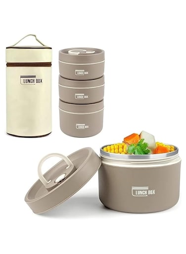 GGEROU Kids Thermal Bento Lunch Box Set for School, Insulated Lunch Containers With Bag,3 Separate Stackable Lunch Container, Microwaveable Lunch Box Bento Box for Adults &amp; Kids (3-Layer, Coffee)