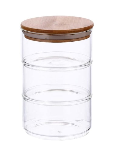 3-Layer Stackable Food Storage Jar With Airtight Bamboo Lid Set Clear/Beige 11.5x11.5x8cm