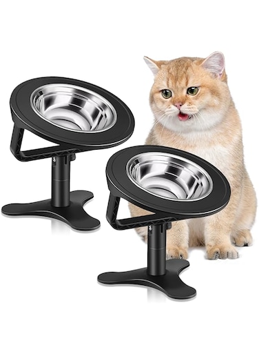 Tazweeq 2Pcs Adjustable Raised Cat Food Bowl, Tilted Elevated Bowl, Height-Adjustable Cat Bowl Rack, Pet High-Leg Bowl (Black)