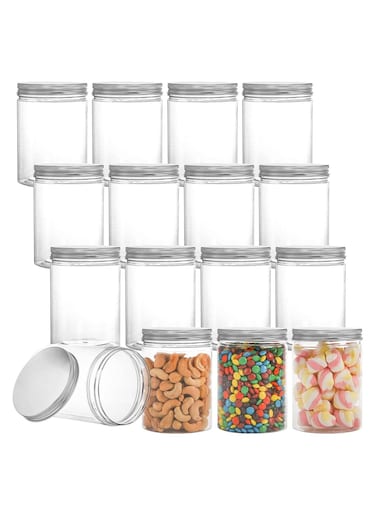 16 Pack Clear Plastic Jars Bottles Containers with Silver Ribbed Lids 400ml Straight Cylinders Storage Container for Food and Home Storage