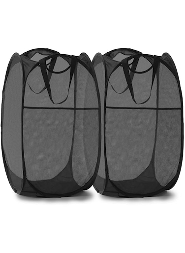 TECHMILLY Collapsible Mesh Pop Up Laundry Hamper with Sturdy Handles and Side Pocket - Portable Foldable Clothes Baskets for Dorm, Bathroom &amp; Travel Storage (Black, 2 Packs)
