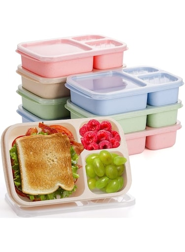 Azonee 8 Pcs Bento Lunch Box, 3 Compartment Meal Prep Container for Adults/Kids, Straw Wheat Fiber Lunch Container for Microwave and Dishwasher Safe, Reusable Snack Container for Work, School, Travel