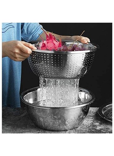 Thicken Stainless Steel Basin 3 in 1 Stainless Steel Grater Solid Basin Drain Basket Washing Bowl Set