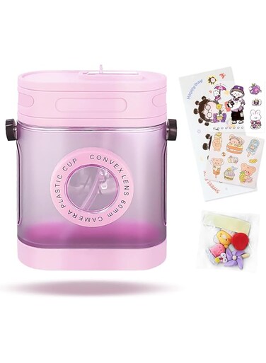 ELECDON Kawaii Water Bottle, Retro Camera Water Bottle with Straw and BPA-Free Plastic Lovely Adult 450ml Water Bottles Drinking Cups for Travel, Gifts from Daughter and Son