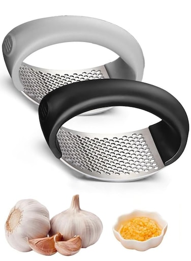 Garlic Press Rocker, New Mincer Crusher Masher With Peeling Drum, Stainless Steel Kitchen Gadget(Black+Gray)