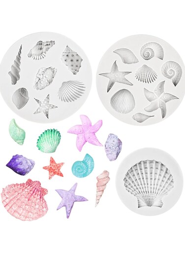 3-Piece Marine Theme Silicone Moulds &acirc;&euro;&ldquo; Shells, Starfish, and Conch for Chocolate, Cake, and Fondant DIY