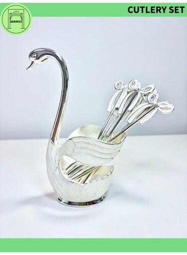 Swan-Shaped Cutlery Set (1 holder + 6 Forks/Spoons) - Luxury Dessert Fork Set for Home, Outdoor Picnic &amp; Festive Dining - Available in Silver Finishes