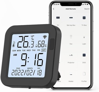UanTii Smart IR Remote Control with Temperature Humidity Tuya Wifi Universal Infrared Remote with Time Date Display for AC TV Fans, App Remote Control,Support Alexa and Google Home (With Backlight)
