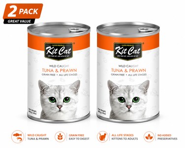 Pack of 2 -Kit Cat Wild Caught Tuna with Prawn Canned Cat Food 400g
