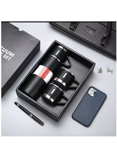 Vsell24 Stainless Steel Vacuum Flask with Cup, 500ml Double Wall Insulated Water Bottle, Leak Proof Thermos for Hot Drinks or Cold ( Black )