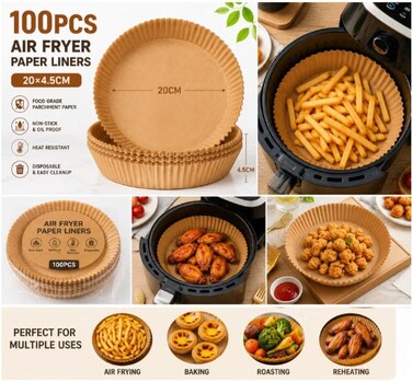 100 Pcs Round Air Fryer Paper Liners, Disposable Non-Stick Parchment Baking Inserts with Raised Edges for Air Fryers, Ovens and Baking, 20 &times; 4.5 cm, Brown