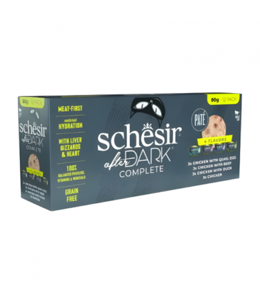 Schesir After Dark In Pate' Variety Pack For Cat 960g (80g x12 Cans) - 4 Flavors ( 3 Cans Each Flavor)